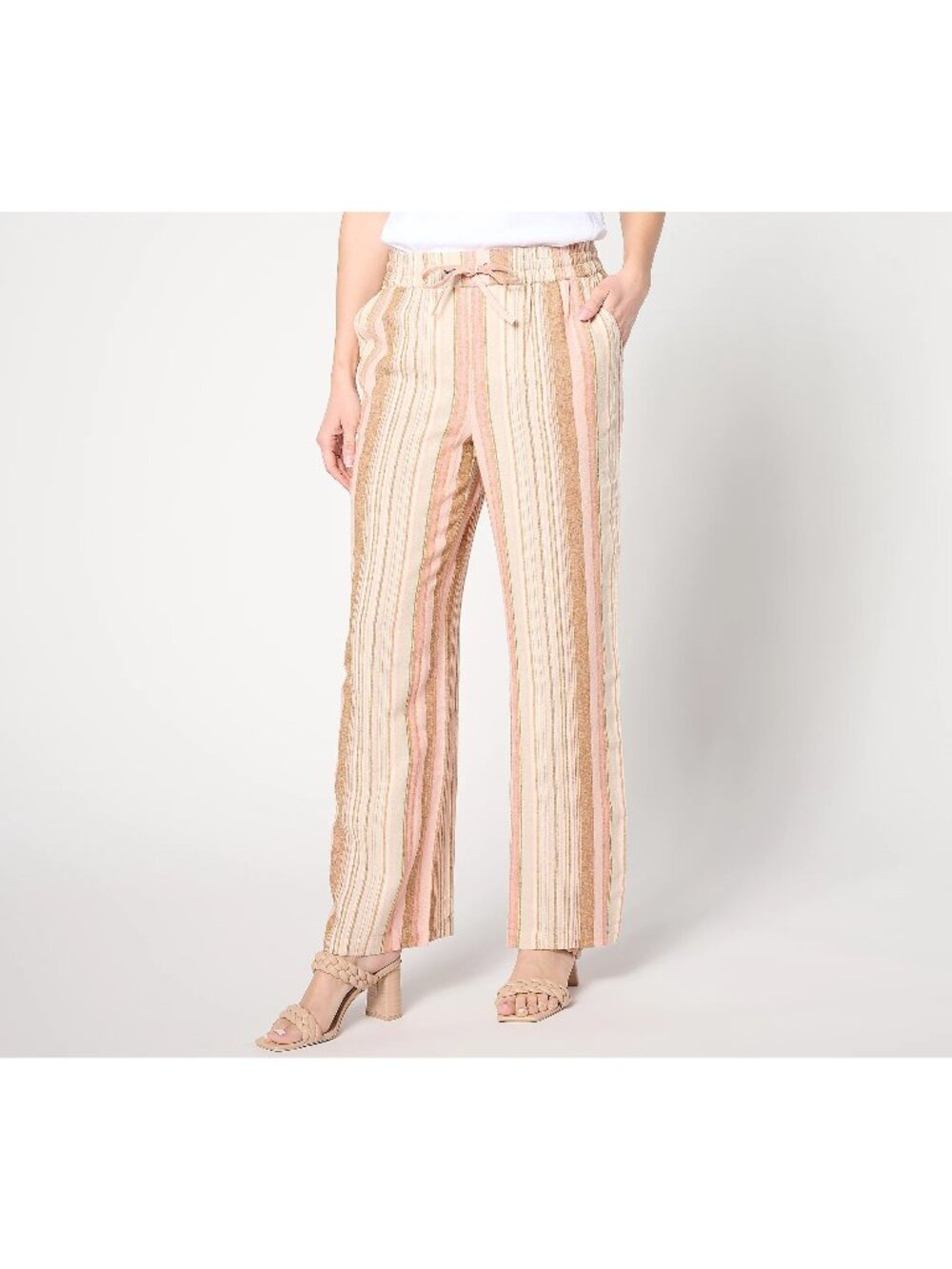 Denim and Co Naturals Pants Large Regular Striped Linen Blend Wide Leg Pink NEW